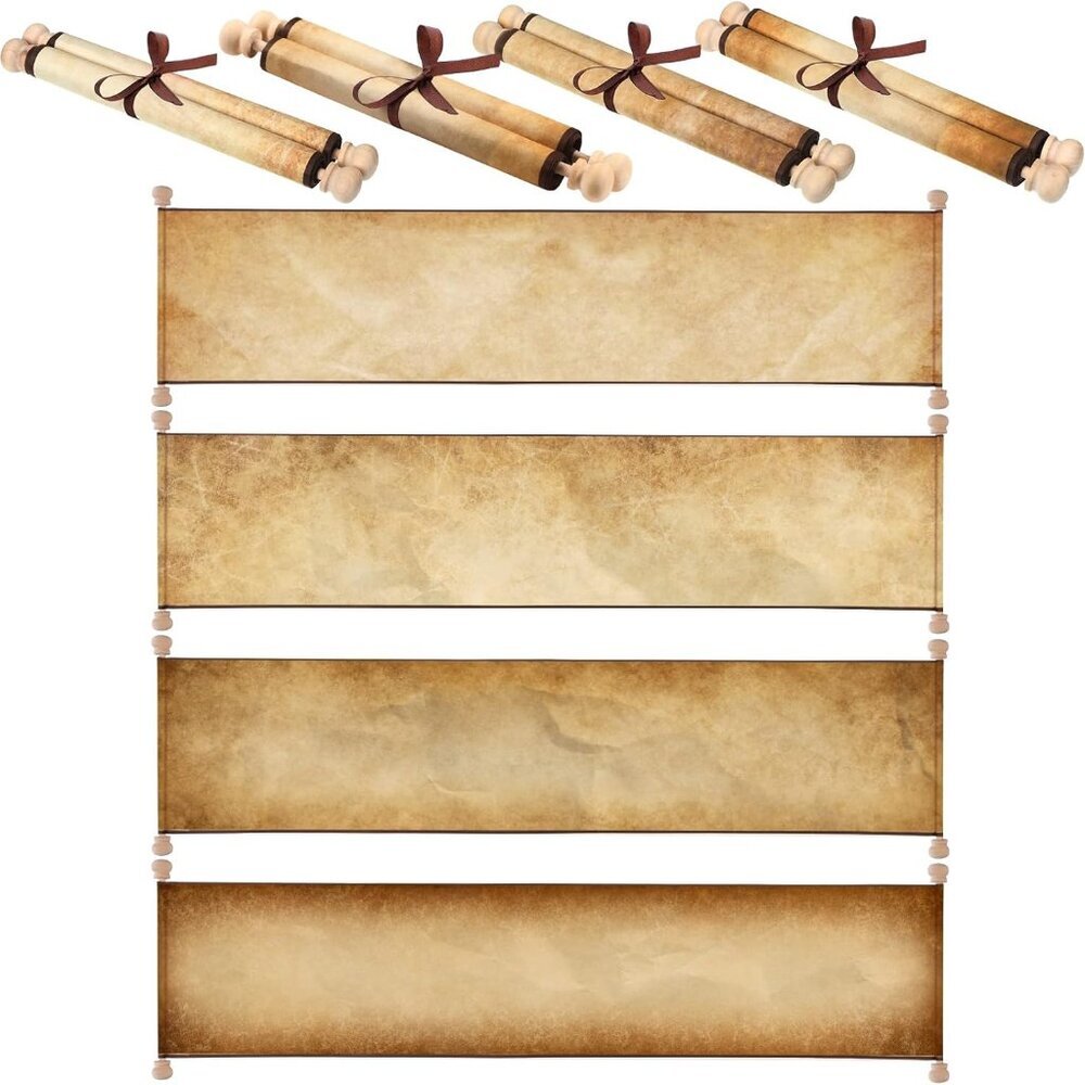 4 Pieces Blank Paper Scrolls on Wood Rods Vintage Quick Drop Old Paper Long Aged